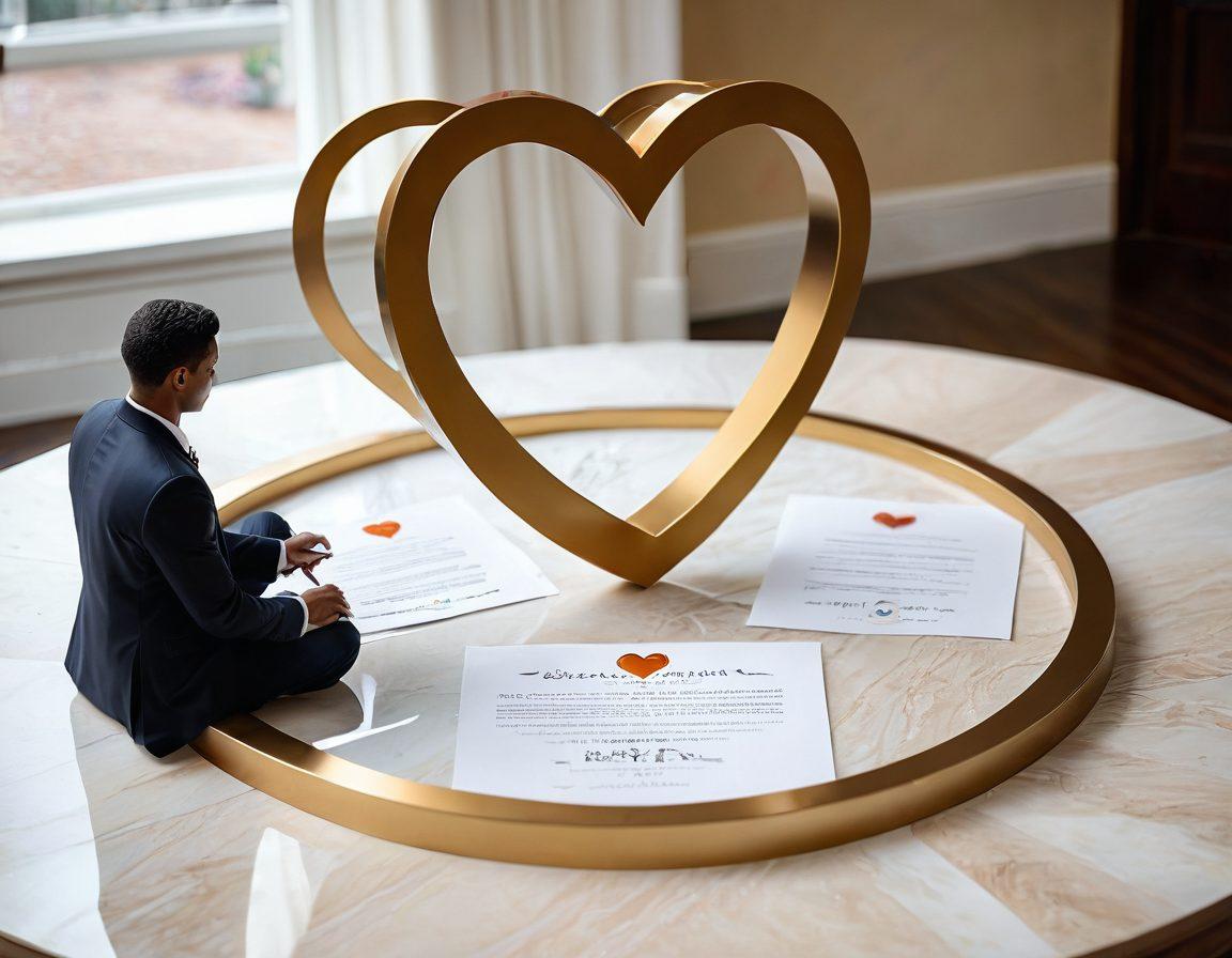 A heart-shaped shield made of modern technology, symbolizing the protection in relationships, surrounded by wedding rings and insurance paperwork. In the background, a serene couple engaging in a thoughtful discussion, representing devotion and trust. The color palette should be warm and inviting to evoke feelings of love and security. super-realistic. vibrant colors. 3D.