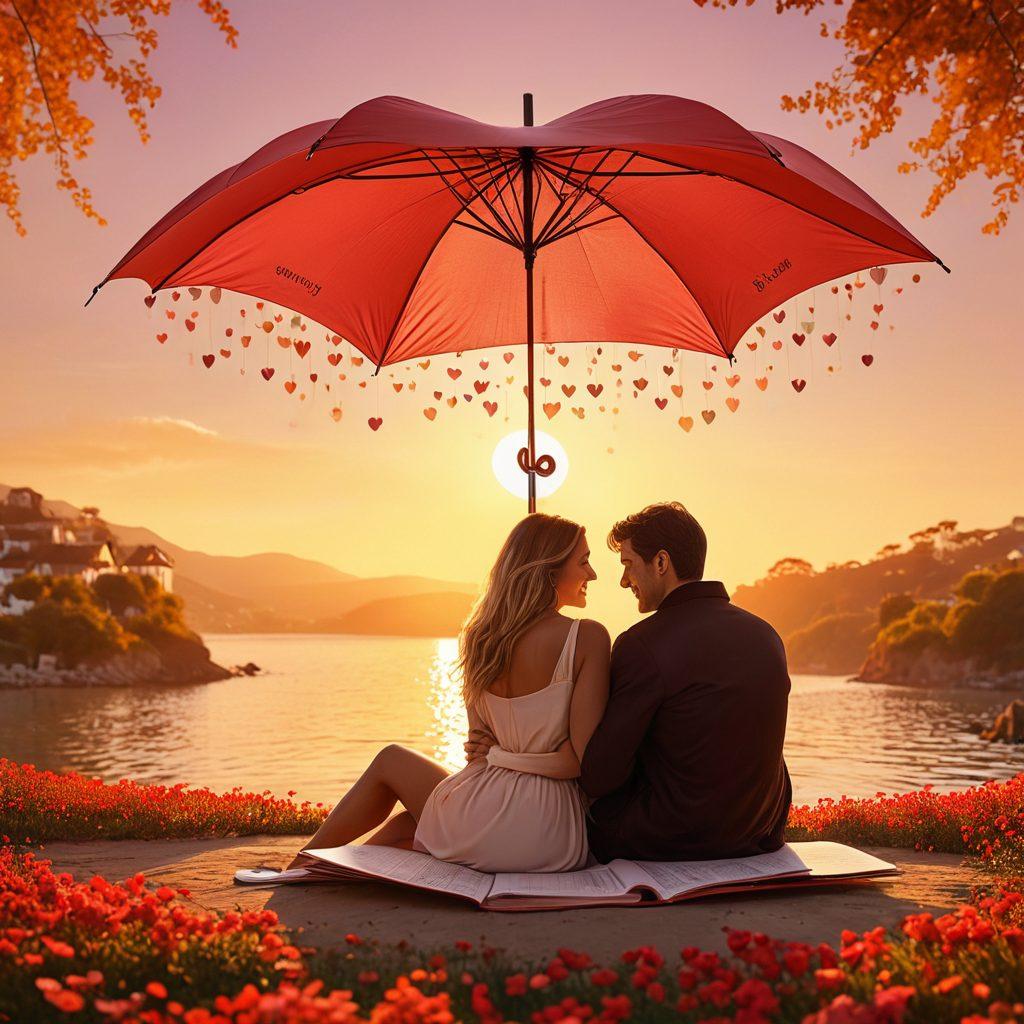 A couple sitting together under a heart-shaped umbrella, surrounded by floating insurance policy documents and symbols of love like hearts and locks, symbolizing security and privacy. The background features a serene landscape with a sunrise, representing new beginnings and protection in relationships. Their expressions show trust and devotion, reinforcing the theme of security in love. vibrant colors. 3D. soft focus.