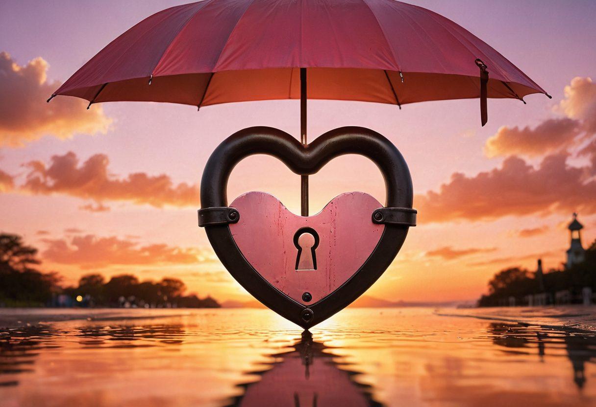 A heart-shaped lock symbolizing love intertwined with a shield representing security, located at the forefront of a serene couple walking hand in hand under a protective umbrella. The background features a soft sunset, reflecting warm colors of affection and safety. A subtle hint of insurance documents fluttering in the breeze adds a layer of context to the theme. super-realistic. warm tones. vibrant colors.